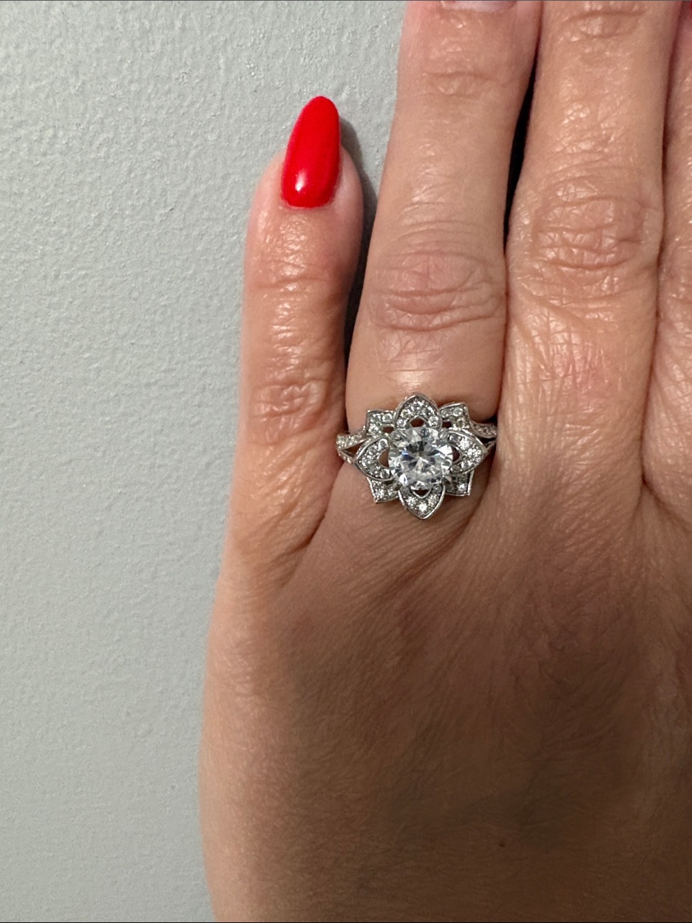 Women's Silver Floral Halo Statement Ring - Red Accent missing one stone